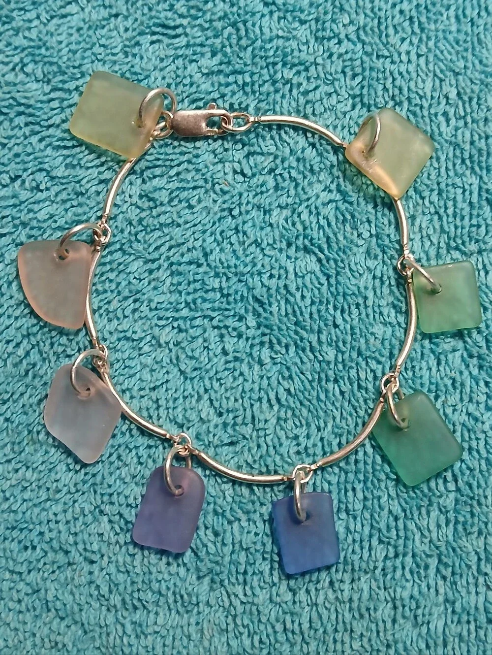 Green Blue Pink Sea Glass Bracelet With Silver Long Beads